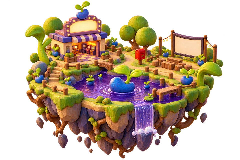 A tiny floating island with an arcade, an open-air cinema and a mailbox